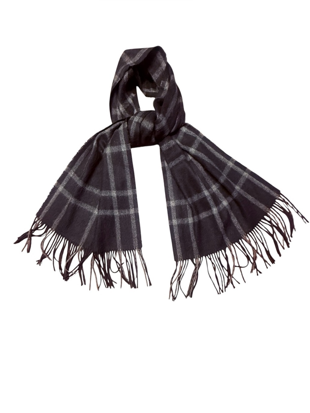 Geoffrey Beene Cashmere Black and Gray Plaid Fringe Scarf